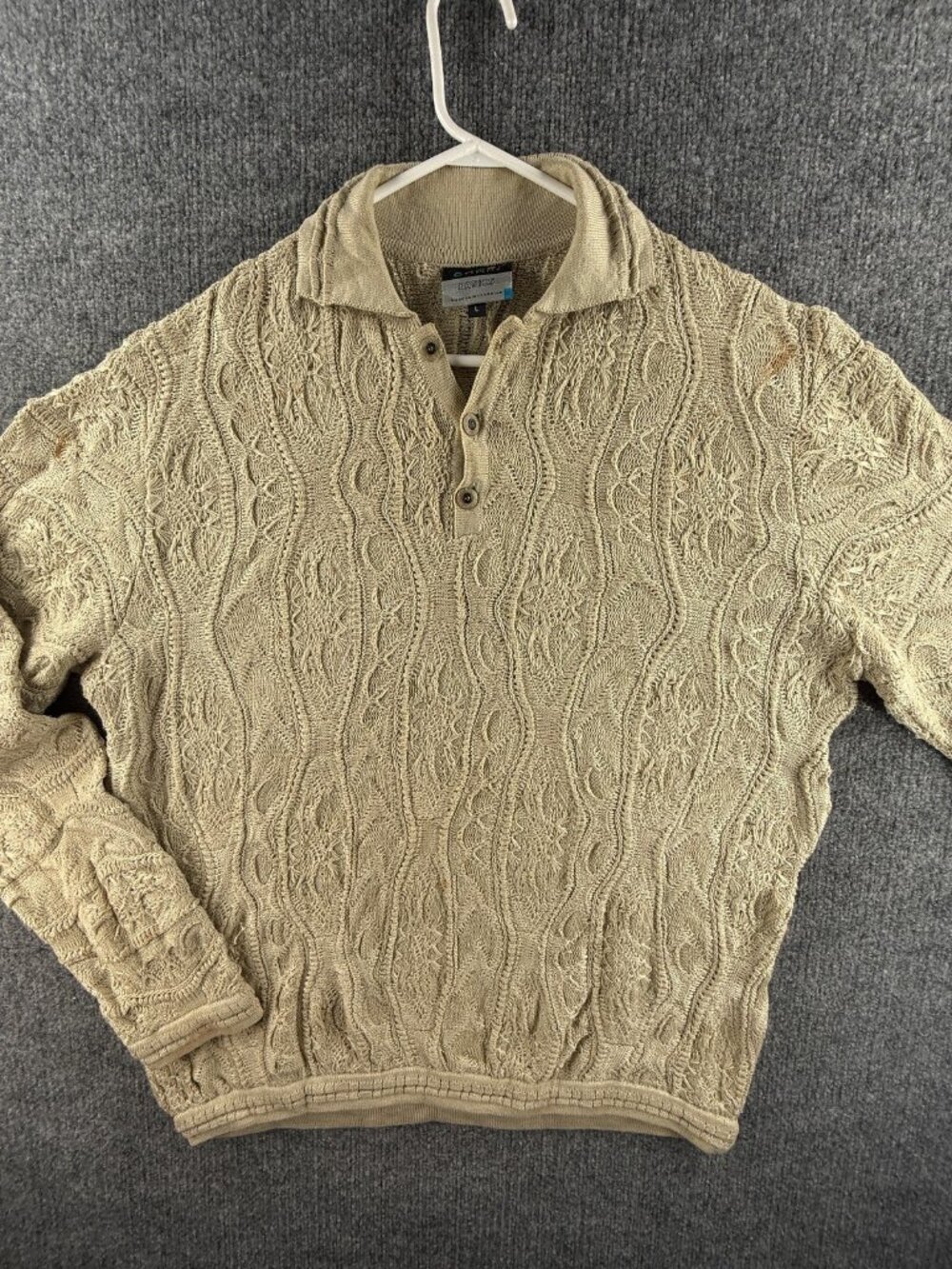 Coogi Cable Knit Collared Large Sweater Australia Men Pullover Beige Knit Cotton